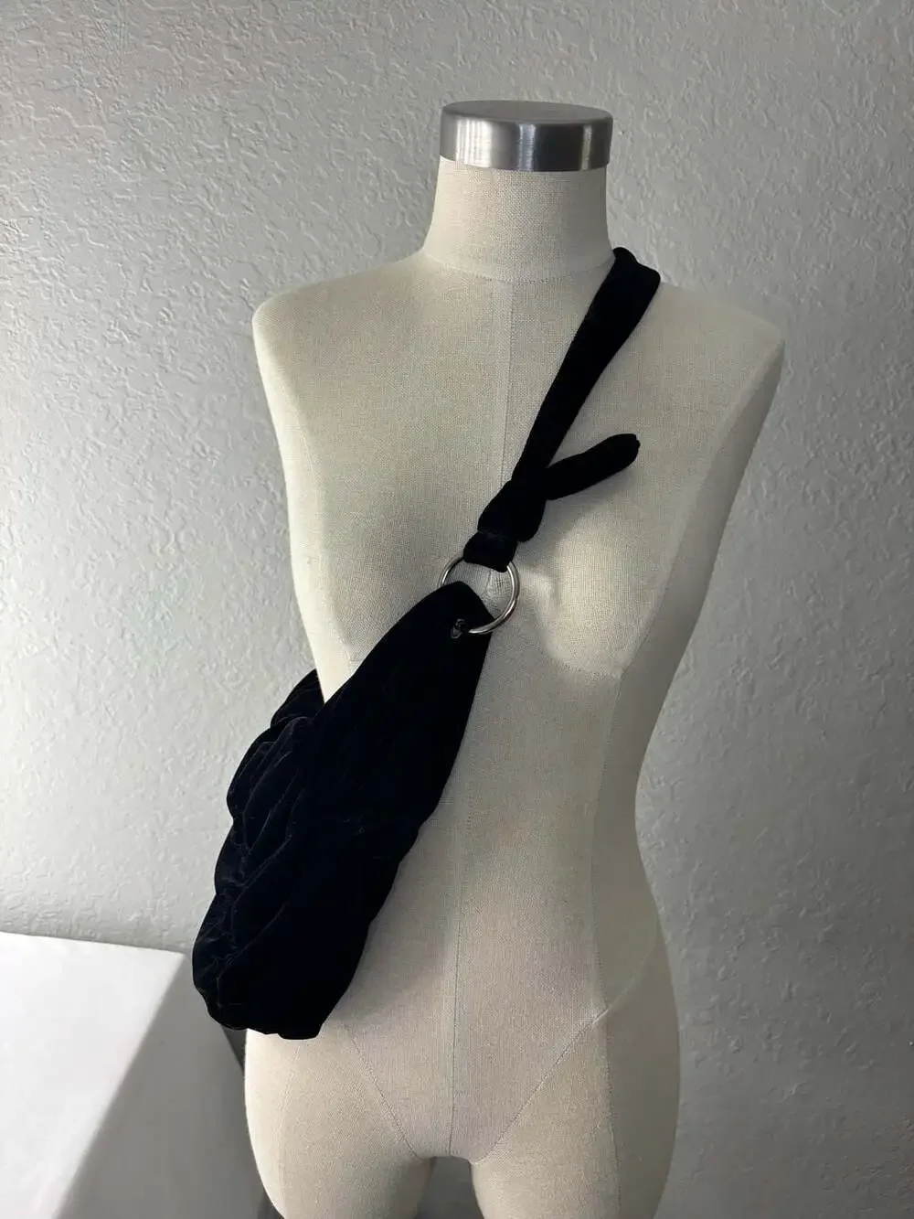 Black Velvet Hobo Shoulder Bag with Silver Rings
